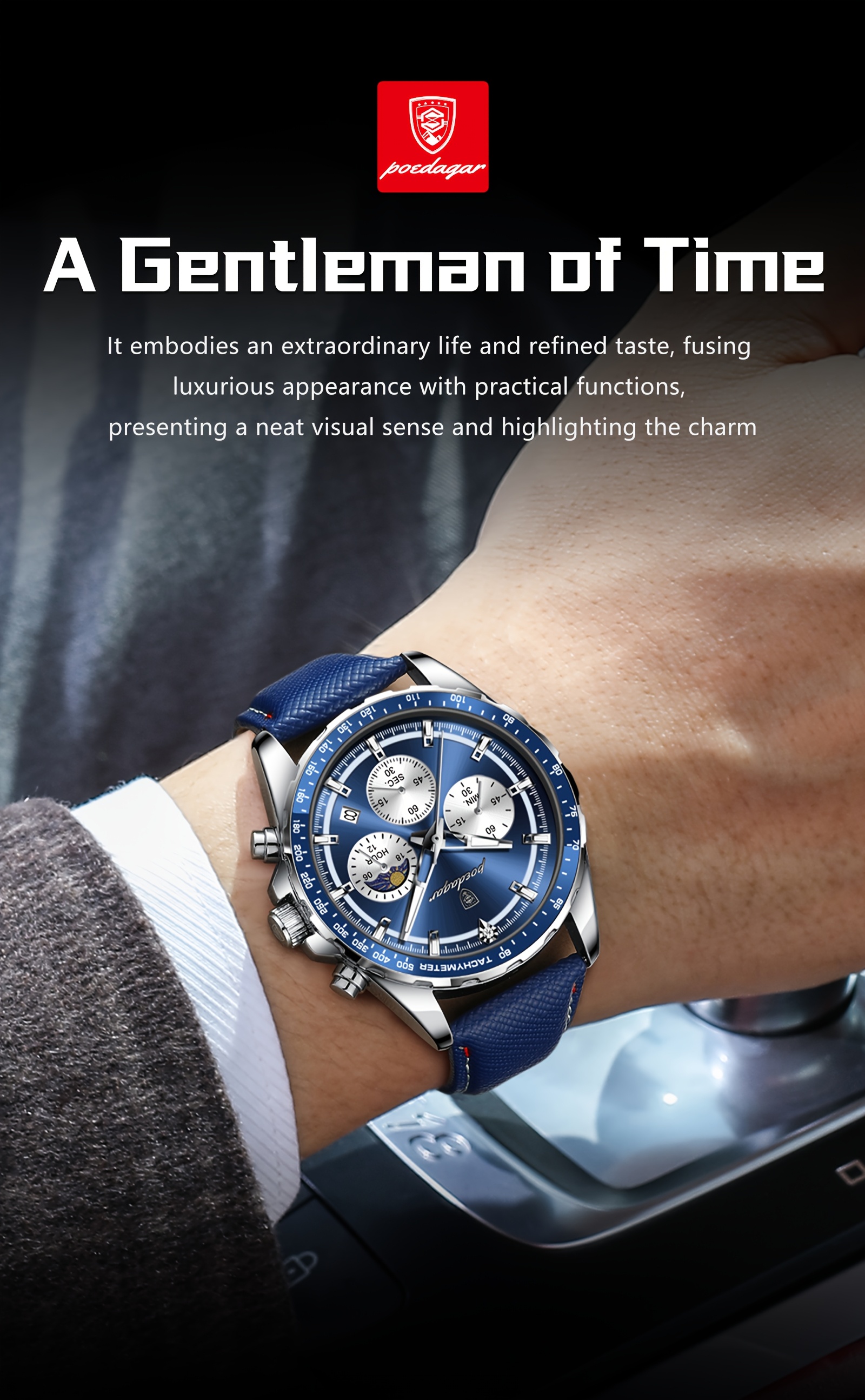 Luxury Leather Waterproof Men'S Watch | Casual Style, Color, 3ATM Water Resistance, Quartz Movement, Non-rechargeable Battery, POEDAGAR Brand