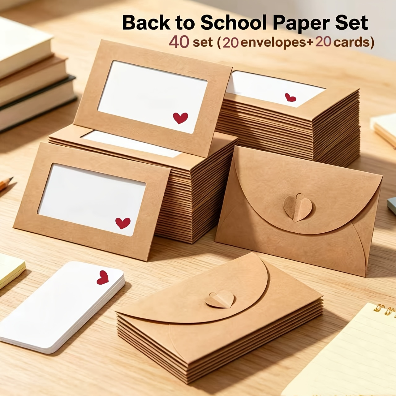TEMU 40 Sets Of Envelope Cards With Transparent Paper Window Stickers, Back-to- Gift, Mini Paper Envelopes, White Cardstock, Heart-shaped Closure,