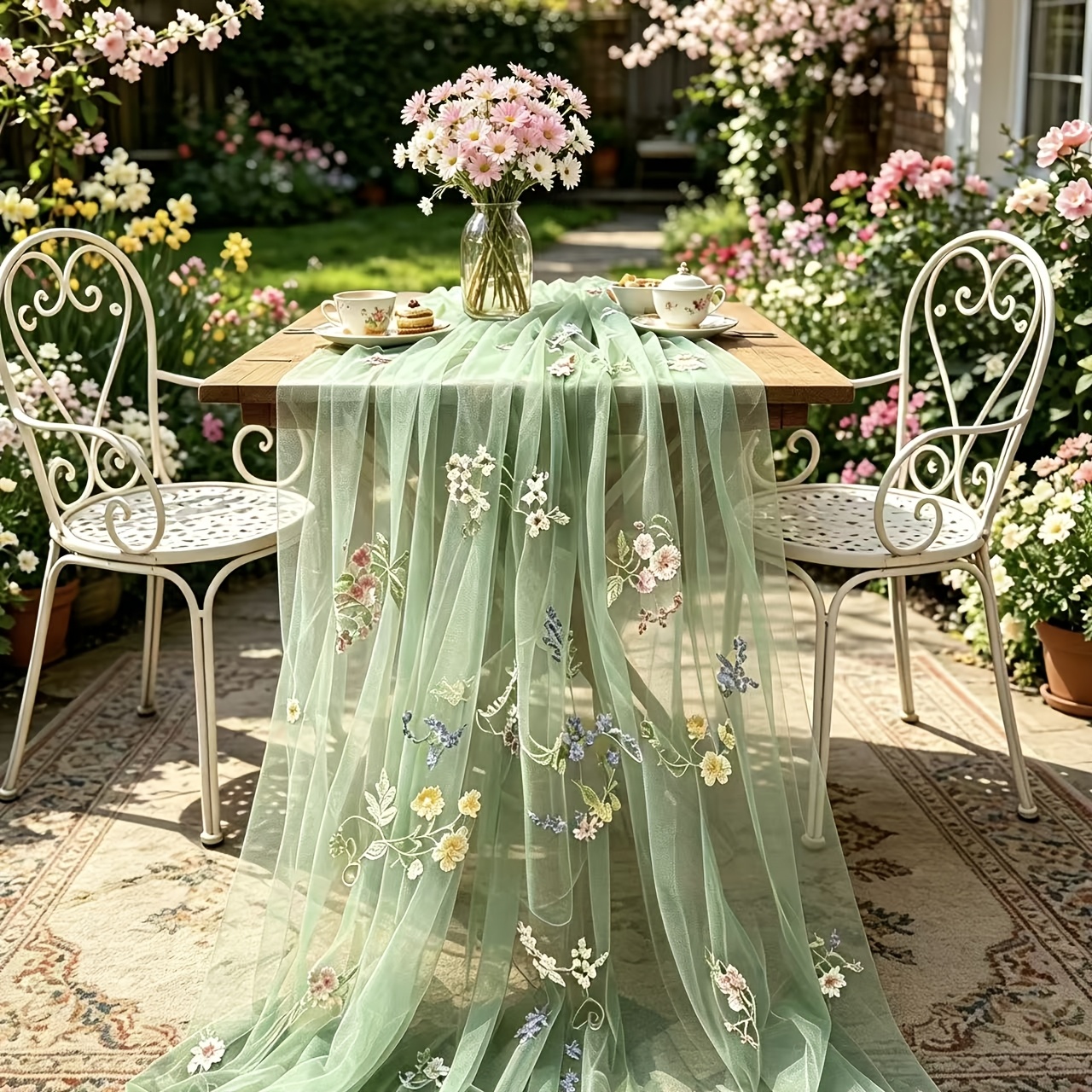 TEMU Table Runner Wedding Table Decoration With Embroidery And Tulle, Cheesecloth Table Runners Lace Tablecloth Sheer Embroidery Gauze For Bridal