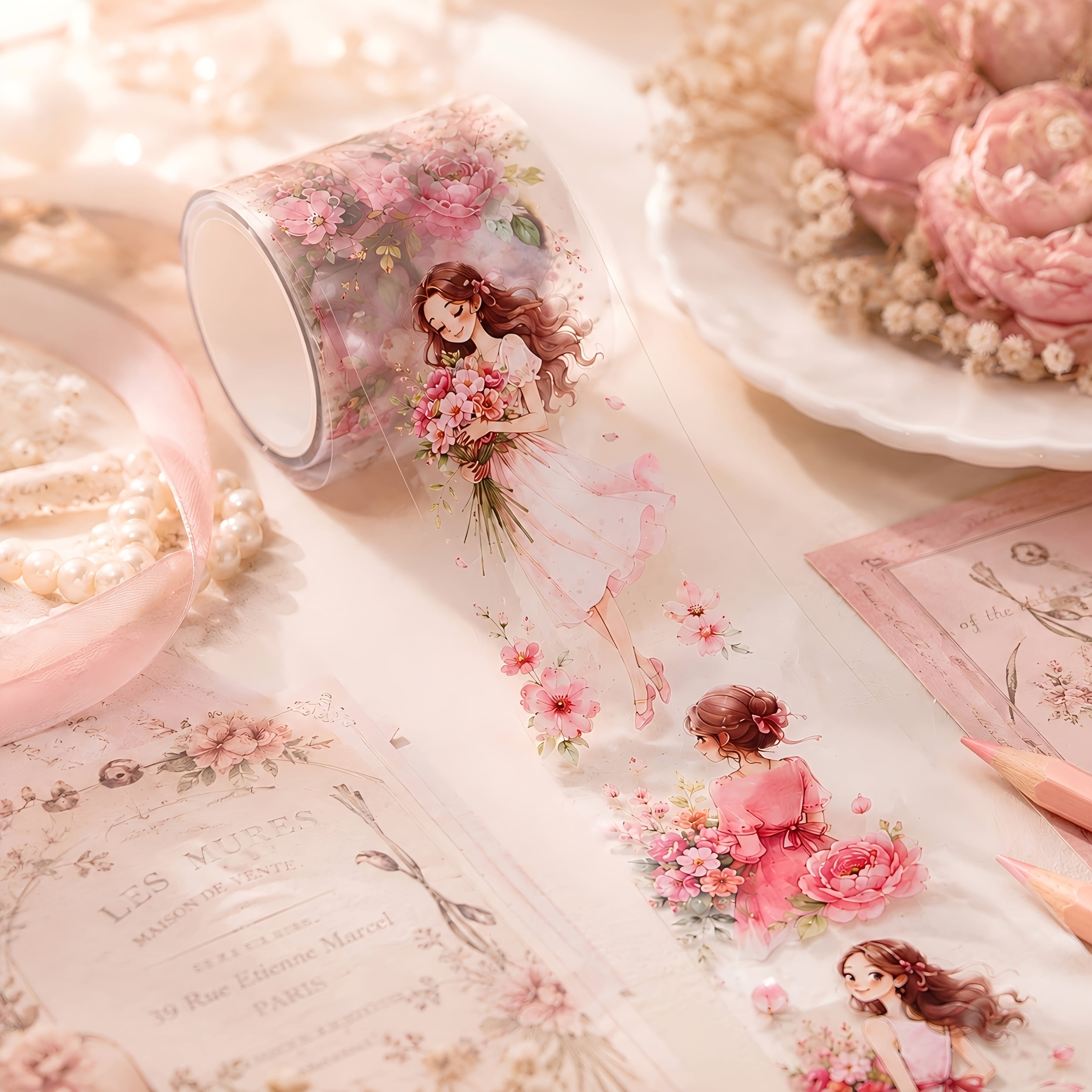 TEMU 40mm X 2m/1 Roll Pink Floral Pet Tape Stickers, Romantic Flower Transparent Wide Tape Roll For Scrapbooking, Junk Journal, Planner, Card Making,