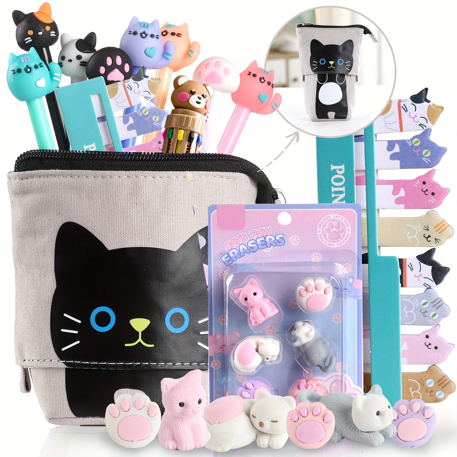 

12pcs Cute Cat Stationary Set, Kawaii Pop Up Pencil Case, Telescopic Pencil Pouch Holder For School Office Supplies, Pens 1 Pen Cat Stick Markers Fun Erasers Christmas Gift