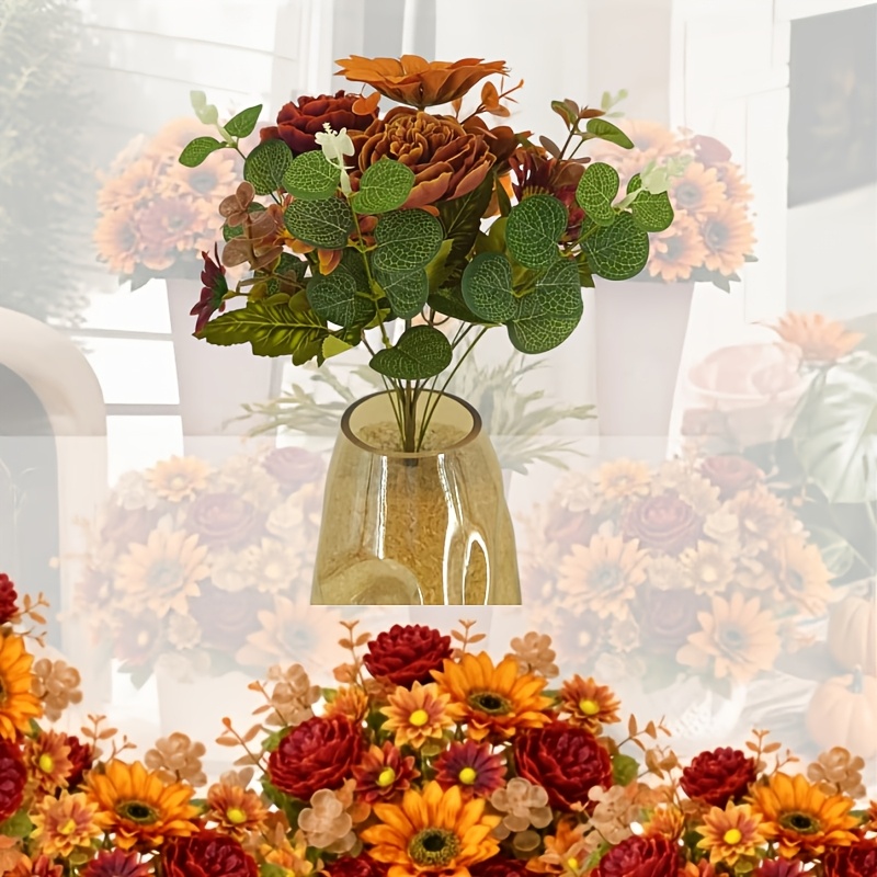 TEMU 5pcs Autumn Warm- Mixed Artificial Flower Bouquet, Sunflower, Marigold, Wine-red Rose, Peony, Red-orange Small Daisy, Light Champagne Small