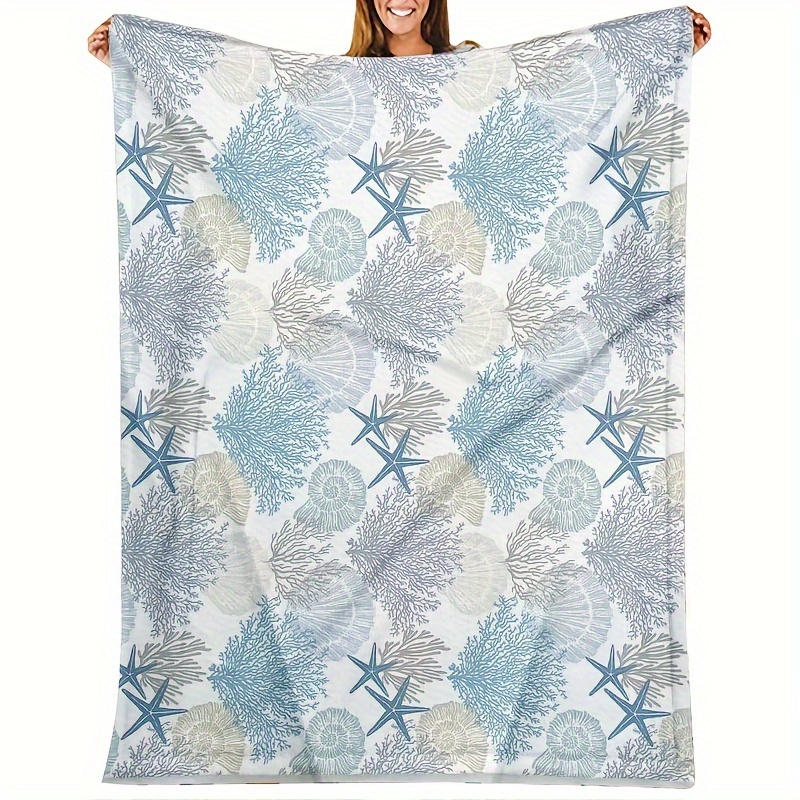 

1pc Coastal Style Premium Flannel Throw Blanket, Coral & Starfish Hd Printed, Soft Nap Blanket For Friends