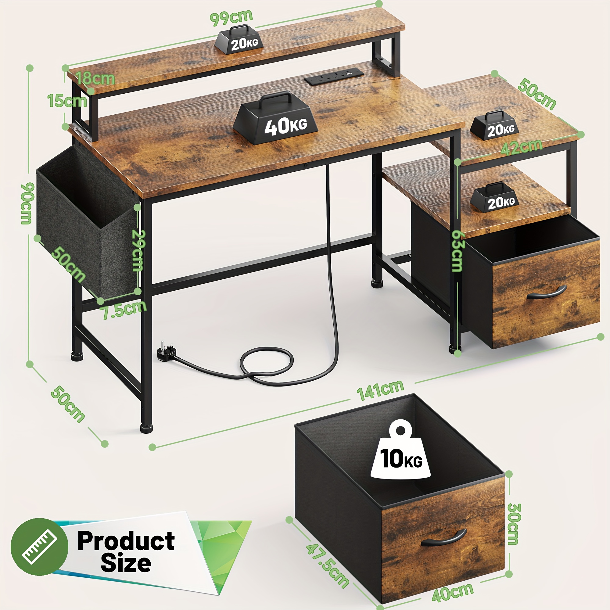 TEMU 57" Computer Desk With Drawers And Printer Space, Office Desk With Power Outlets, Home Office Desks With File Drawers Cabinet, Study Writing And