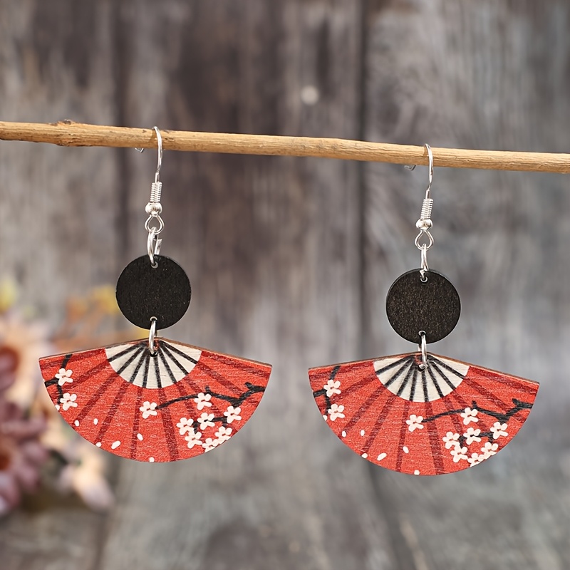 TEMU 1 Paire Nouveaux Boucles d'Oreilles Longues en Bois Imprimées avec Éventail Pliant Style National Chinois et