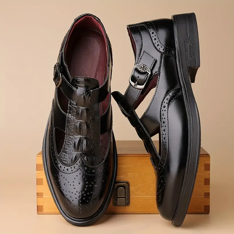 mens stylish perforated wingtip sandals casual slip on loafers with straps brown breathable design for casual attire versatile loafers fashionable sandals polished Product details 5