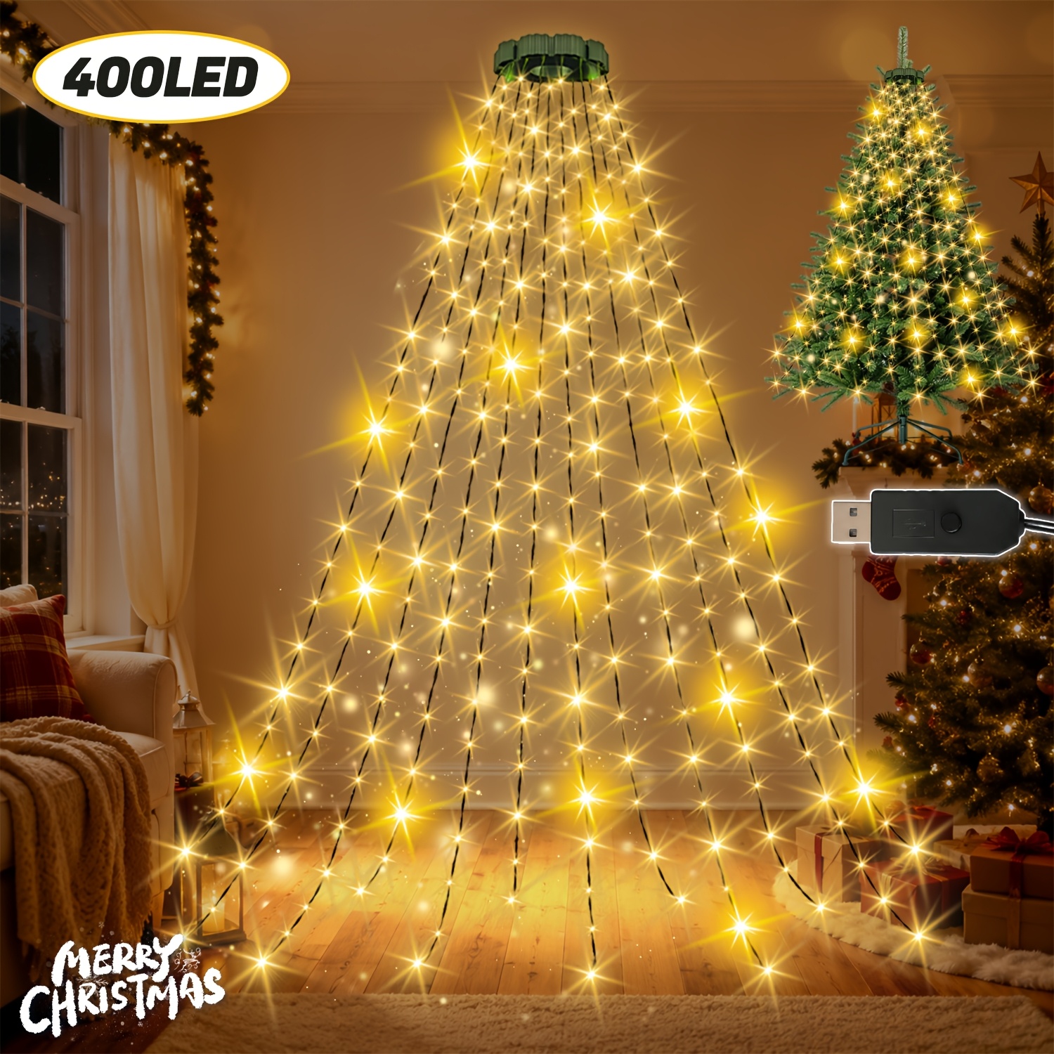 TEMU Luci Decorative a per Albero di Natale a LED, 400 LED, 2M di Luci Fatate Scintillanti, 8 Modalit� di Illuminazione, Alimentazione USB, Ornamento