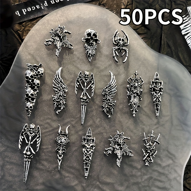Image of 50pcs Gothic Dark Nail & Body - Medieval Alloy Nail Charms With , Bat, , & Vine Designs Suitable For Nail Art, Costume Parties, Gothic Lifestyle Accessories