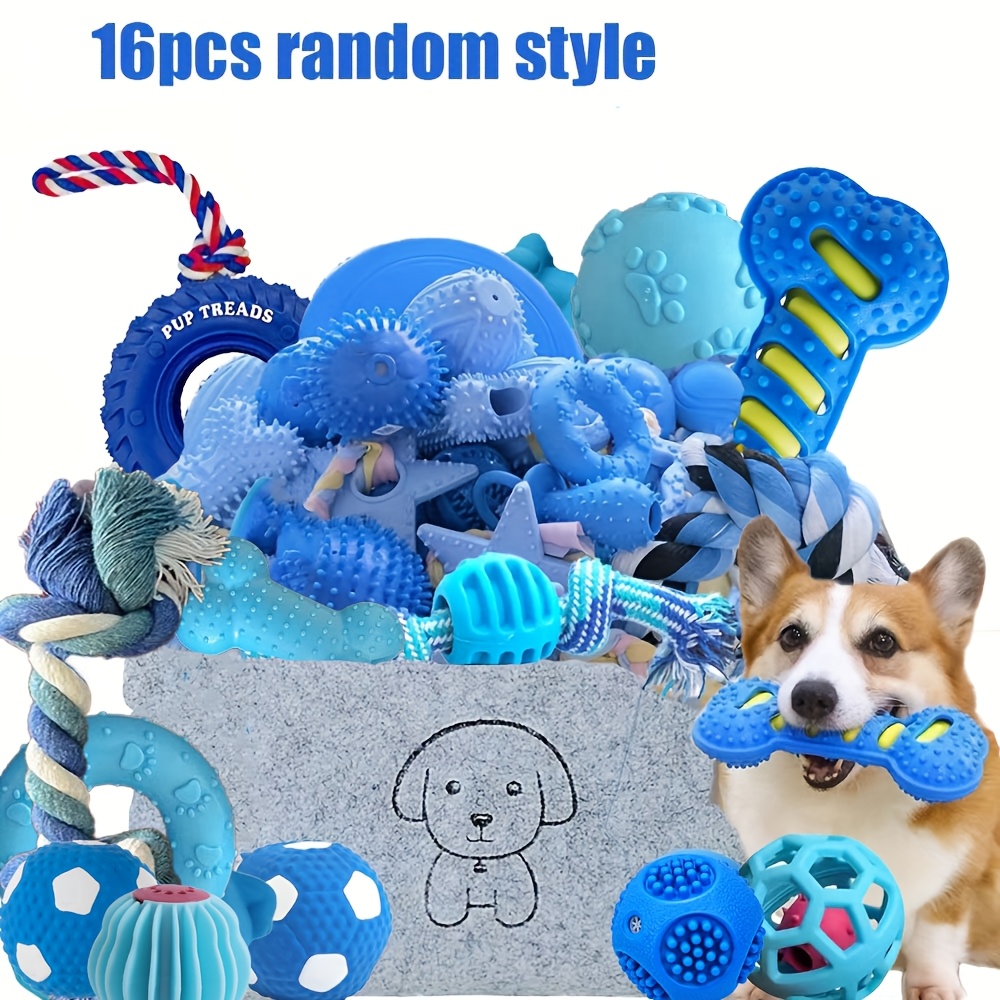 TEMU 8/16pcs Heavy-duty Blue Dog Chew Toys Bundle - Puppy Teething Kit With Chew Bones, Plush Toys, Rope & Interactive Shapes (balls, Sticks) -