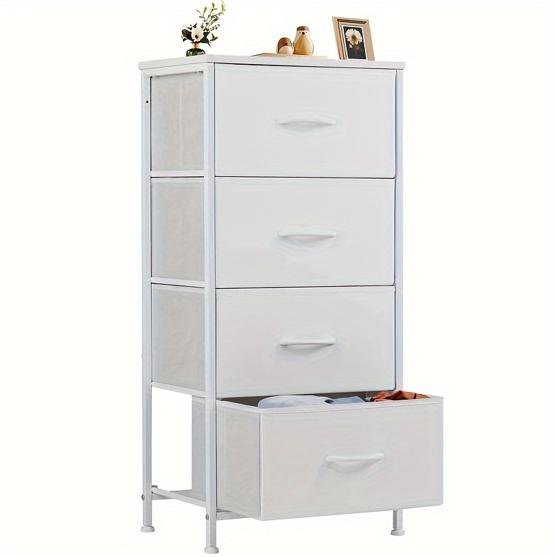 TEMU Tall Storage Tower With 4 Fabric Drawers, Featuring A Wooden Top And A Metal Frame, Ideal For Organizing Closets In Offices, , Or Cabins