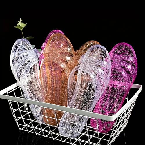 1 pair womens jelly slides transparent vampire fangs design anti odor rubber sole for indoor bathroom use summer beach style in assorted colors pink comfortable rubber footwear women shoes