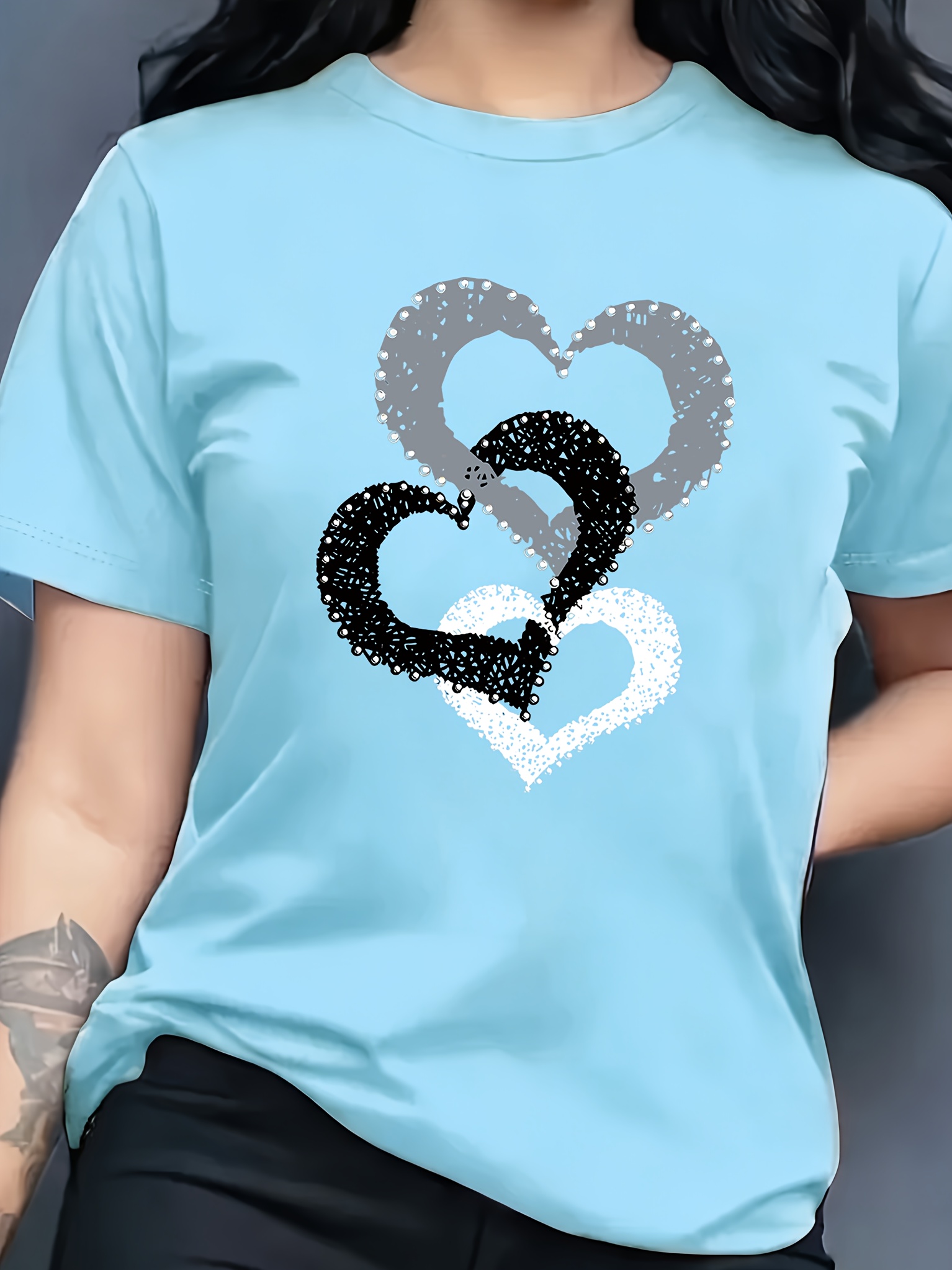 T-shirt Cœurs Femme Col Rond T-shirt pour femme à col rond et manches courtes, décontracté, sportif et tendance, avec imprimé graphique de lettres