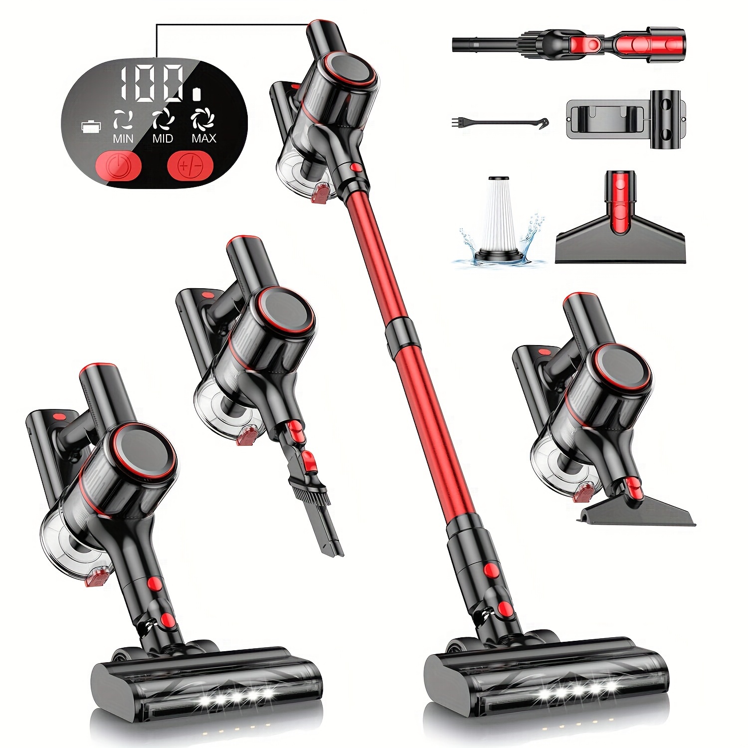 

Cordless Vacuum Cleaner, 8 In 1 Powerful Suction Stick Vacuum With Led Display, 3 Suction Modes, Anti-tangle Lightweight Vacuum Cleaner For Home, Hard Floors, Carpets, Pet Hair, Red