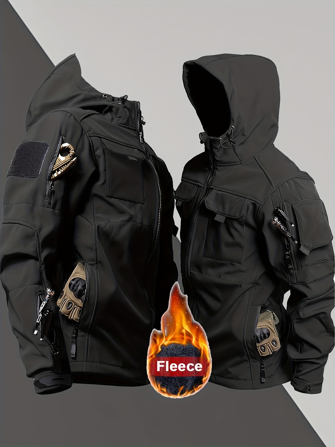 Men's Warm Hooded Zip-Up Shell Jacket with Pockets for Outdoor Activities