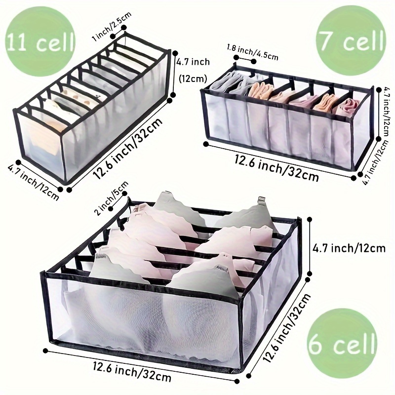 3 piece foldable non woven fabric storage boxes with 6 7 11 compartments for lingerie socks drawer and closet organization details 2