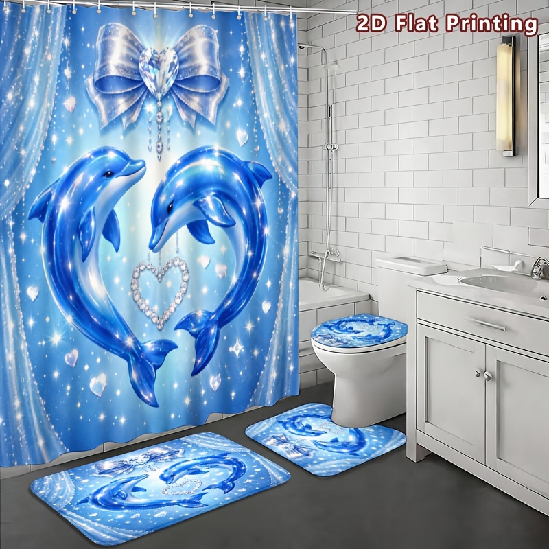 4pcs Dolphin Shower Curtain Set with Romantic Design