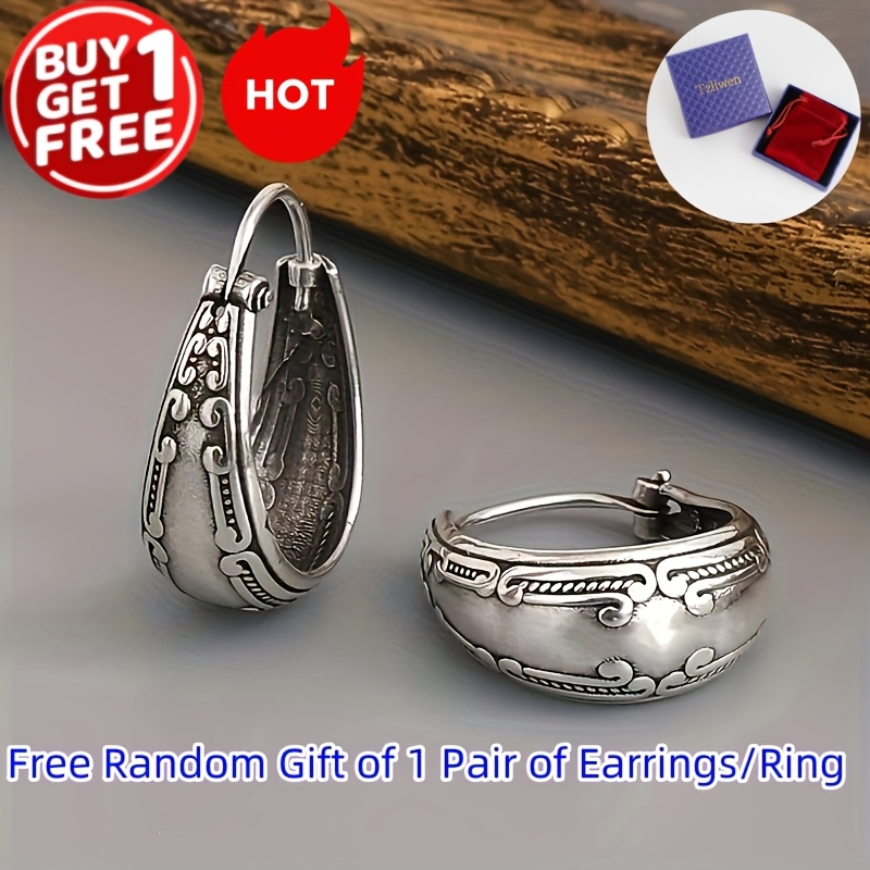 

Vintage Carved Pattern Hoop Earrings Style Zinc Alloy Jewelry Trendy Female Gift