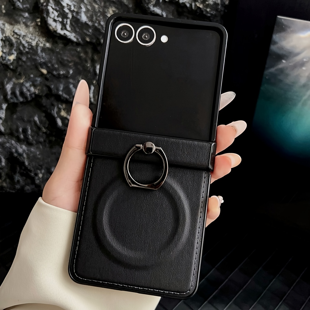 TEMU Coque de téléphone - Coque de téléphone en cuir artificiel pour Samsung Galaxy Z Flip 7 6 5 4 3, support de bague magnétique, antichoc,