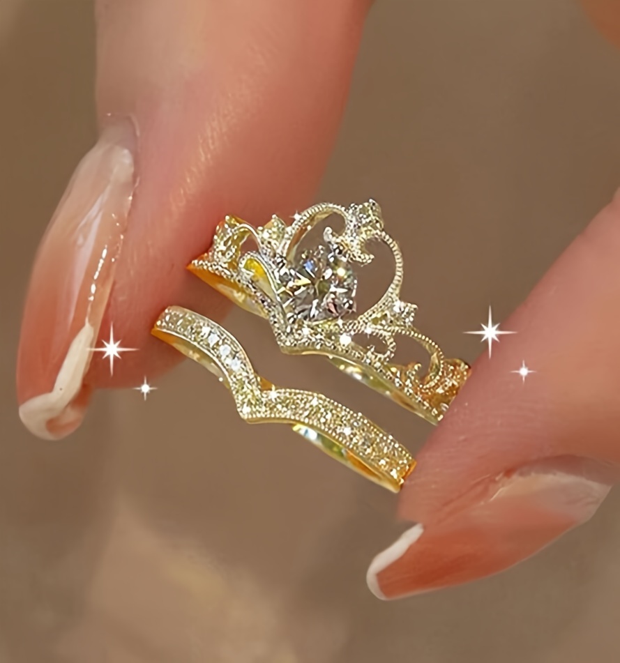 Elegant Crown Princess-Inspired Rhinestone Ring Set, Adjustable Open-End Rings, Alloy Base with Plating, Cute Occasion Jewelry 2-Piece Set