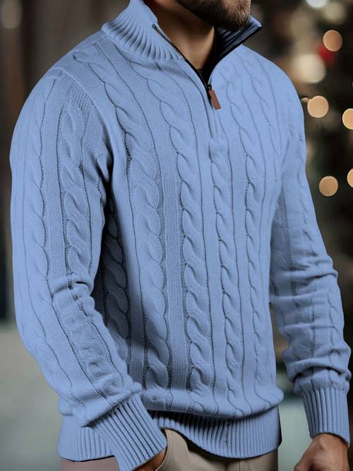 mens fashion high neck zipper twist knit sweater solid color versatile pullover soft medium stretch fabric suitable for autumn date night casual wear ideal as a gift