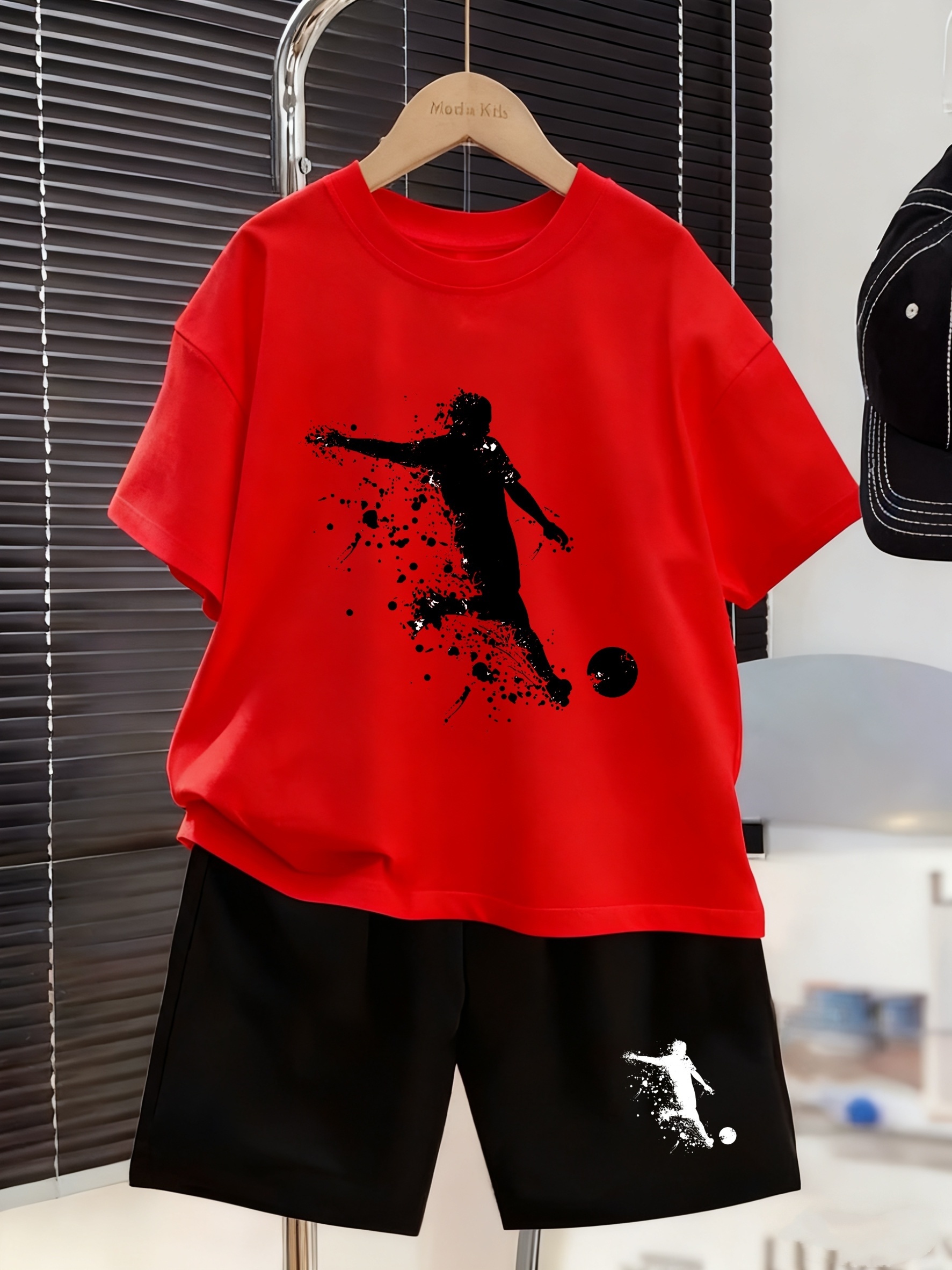 2pcs Boys' Summer Cool Football Pattern T-Shirt Set, Breathable Sports Series Printed Short Sleeve Top and Shorts - Outdoor Fashion Boys' T-Shirt, Teen Boys' Fashion 2pcs Set - Perfect for Outdoor Sports for Ages 5-6, 7-8, 9-10, 11-12, 13-14, 15 
