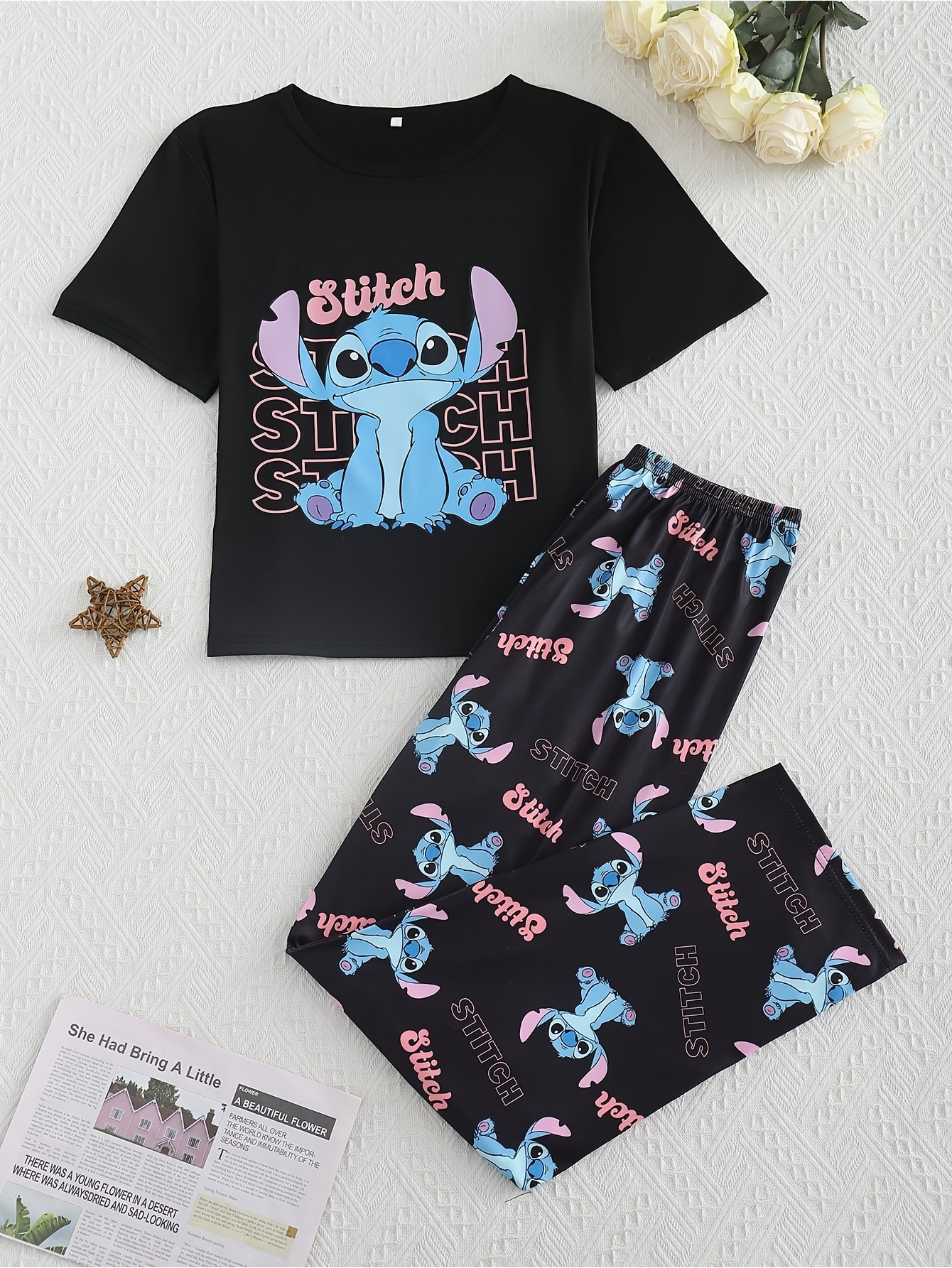     two piece set womens sleepwear set white set with cute cartoon print of   pattern round neck short sleeved top and pants comfortable fabric home suit set thin material Product details 3