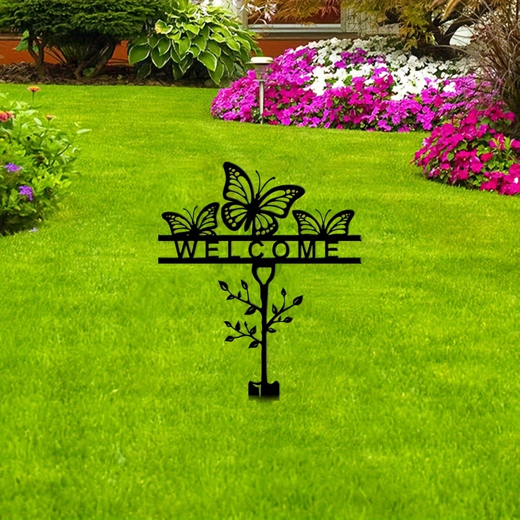 

1pc Black Iron Butterfly Welcome Sign, Garden Stake, Decorative Cut-out Metal Outdoor Yard Art, Rustproof Lawn Ornament, Modern 3d Design, Weatherproof Garden Decor