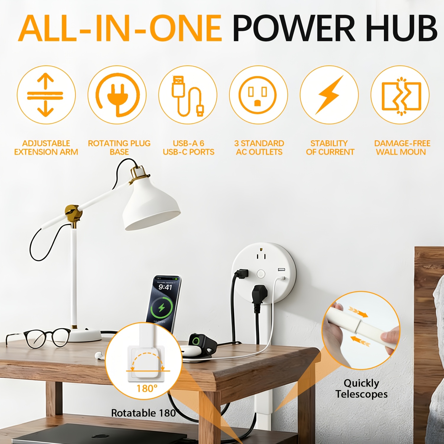 Rotating Electrical Outlet Expander Power Socket Extender for Desk