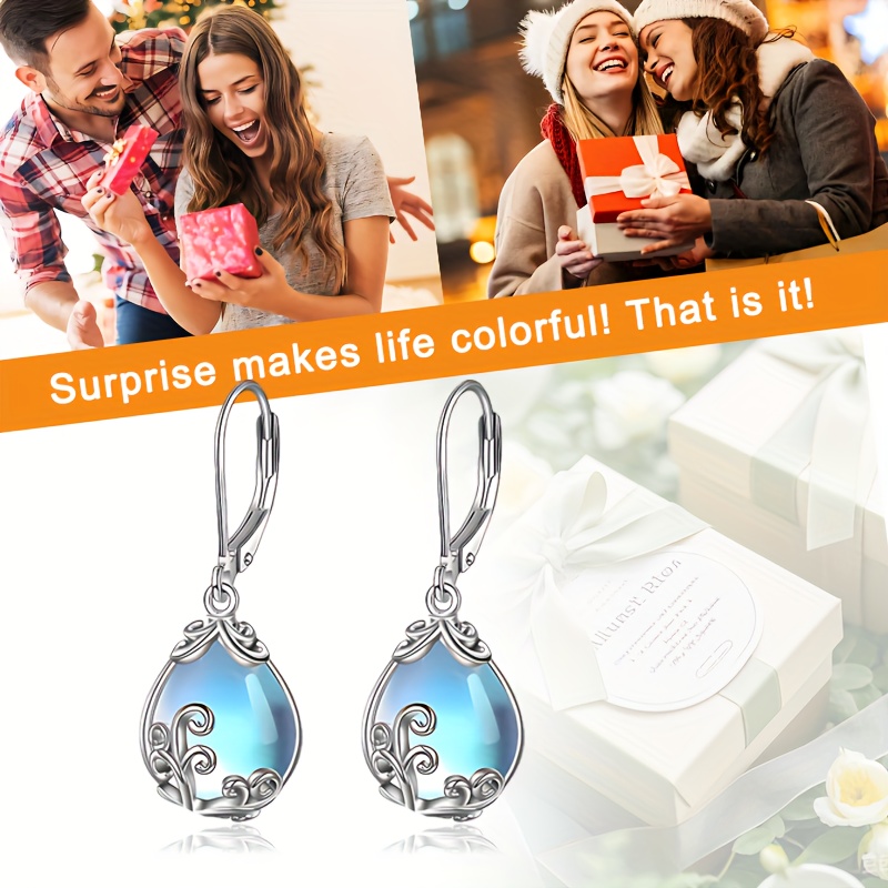 925 Silver Plated Floral Moonstone Dangle Earrings