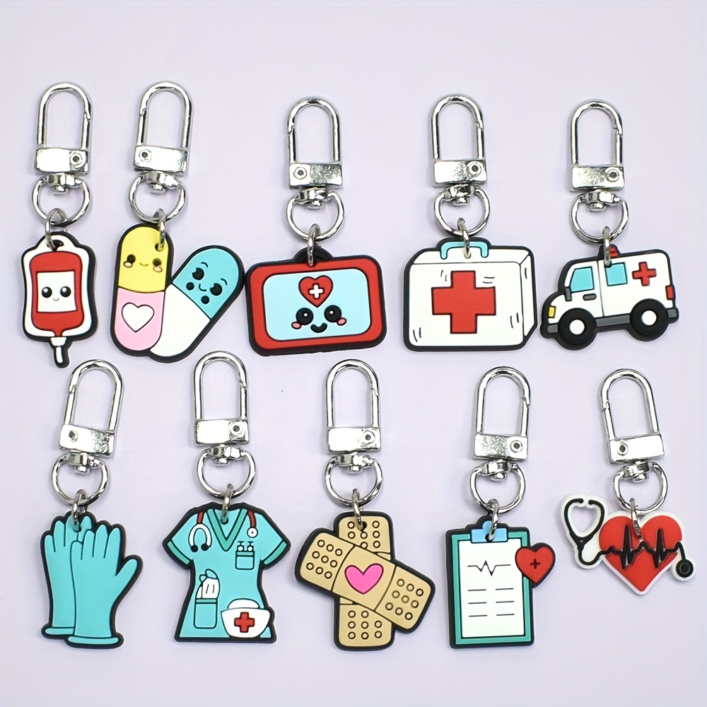 Image of 10pcs Plastic Nurse Supplies Keychain, Blue Gloves Key Pendant, Purse Backpack Decoration Luggage Charm Accessories Birthday Party Supplies Gift