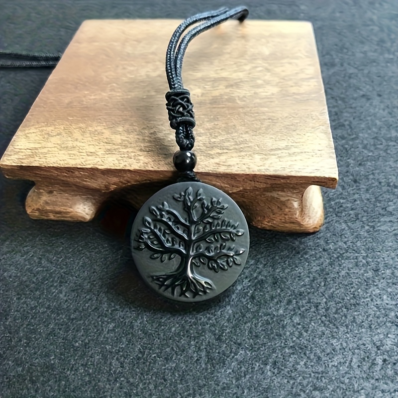 Image of Natural Obsidian Tree Of Life Pendant Necklace - Unisex Symbol Of Protection And Strength Jewelry, Exquisite Design With Black Rope Chain, Suitable For Casual Wear