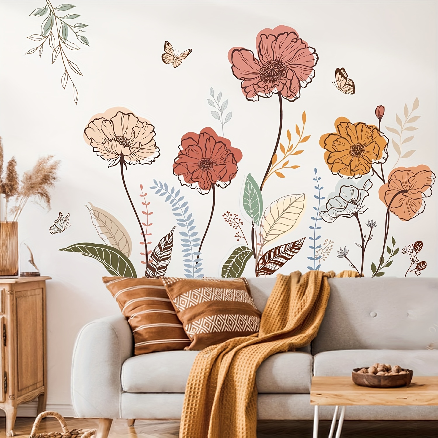 

1 Set Of 12pcs Of Bohemian Flower Wall Stickers, Wild Flowers, Grasses, Fruits And Leaves, And Stick-on Wall Art Decals, For Living Room, Bedroom, And Tv Wall