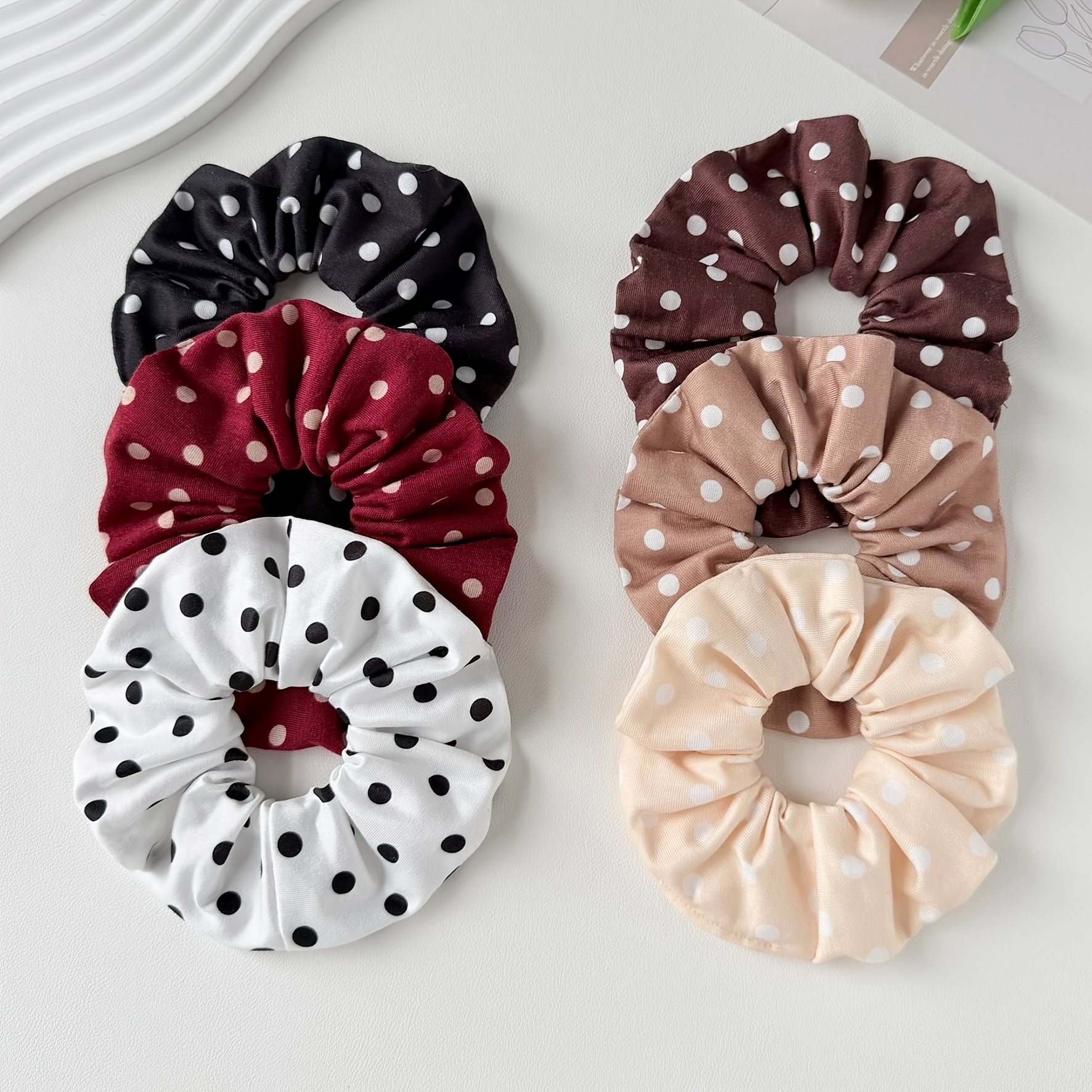 TEMU 6pcs Women's Elegant Solid / Polka Dot Print Scrunchies, Soft, Comfortable, And Highly Elastic Hair Ties For Bun Hairstyles At The Back Of ,