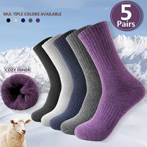 5 pairs womens winter thick socks moisture wicking retaining solid color options purple black ideal for cold weather hand clean cozy inner lining