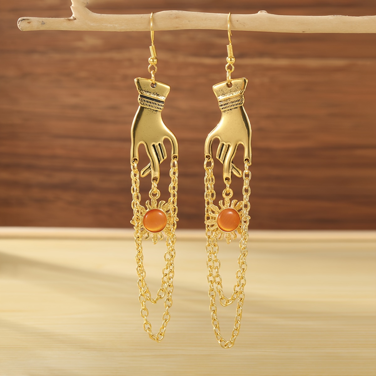 TEMU Vintage Hand-shaped Sun Stone Drop Earrings, Alloy With Iron Ear Needle, Synthetic Gemstone , Unique Dangle Earrings For Women, With For & Gifting