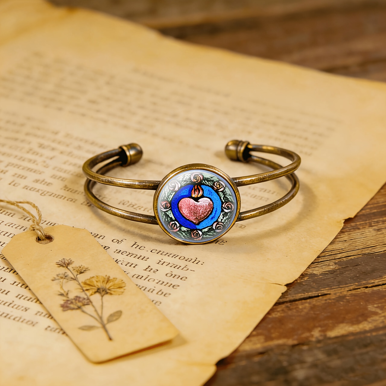 Women's Antique Cyan Double-Layer Adjustable Bracelet, Burning Heart Design