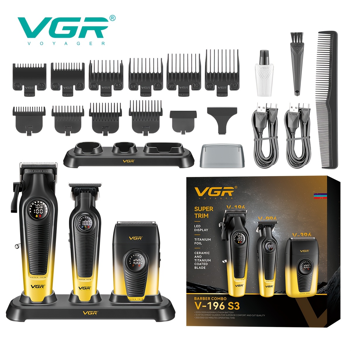 TEMU Vgr Men's Electric Hair Clipper 3pcs Set, In Golden And Green, Includes Clipper And Shaver, Suitable For Body And Head Hair, Ideal For Men