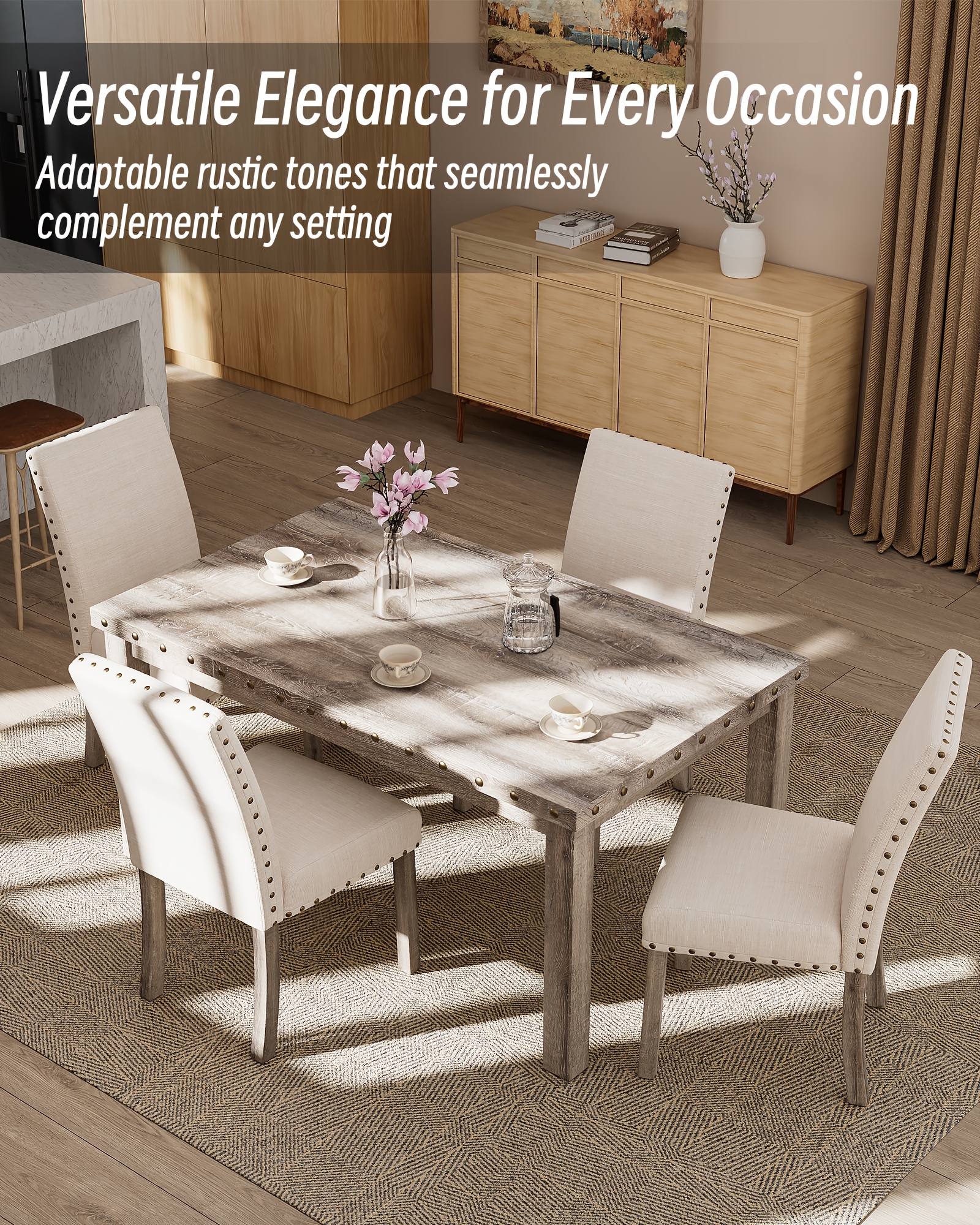 rustic dining table set farmhouse kitchen dining chairs   60 rectangular wooden table upholstered chair with   accents for dining hub   Product details 4