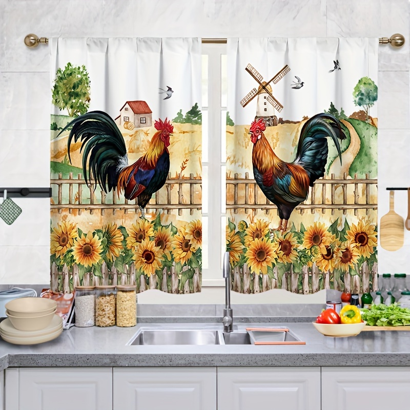 

Rustic Rooster Sunflower Kitchen Curtain Panels Set Of 2, Farmhouse Animal Print Short Window Treatments, Semi-sheer Rod Pocket Drapes For Rooms, Knit Polyester Flannel, No - 180-200g