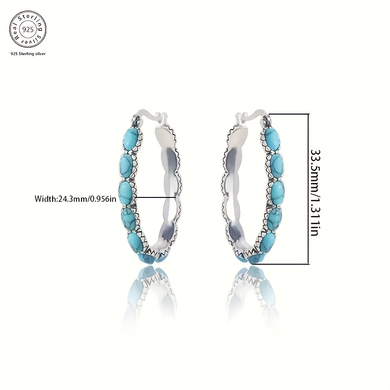 925 Silver Ethnic Style Turquoise Hoop Earrings for Wedding Banquets