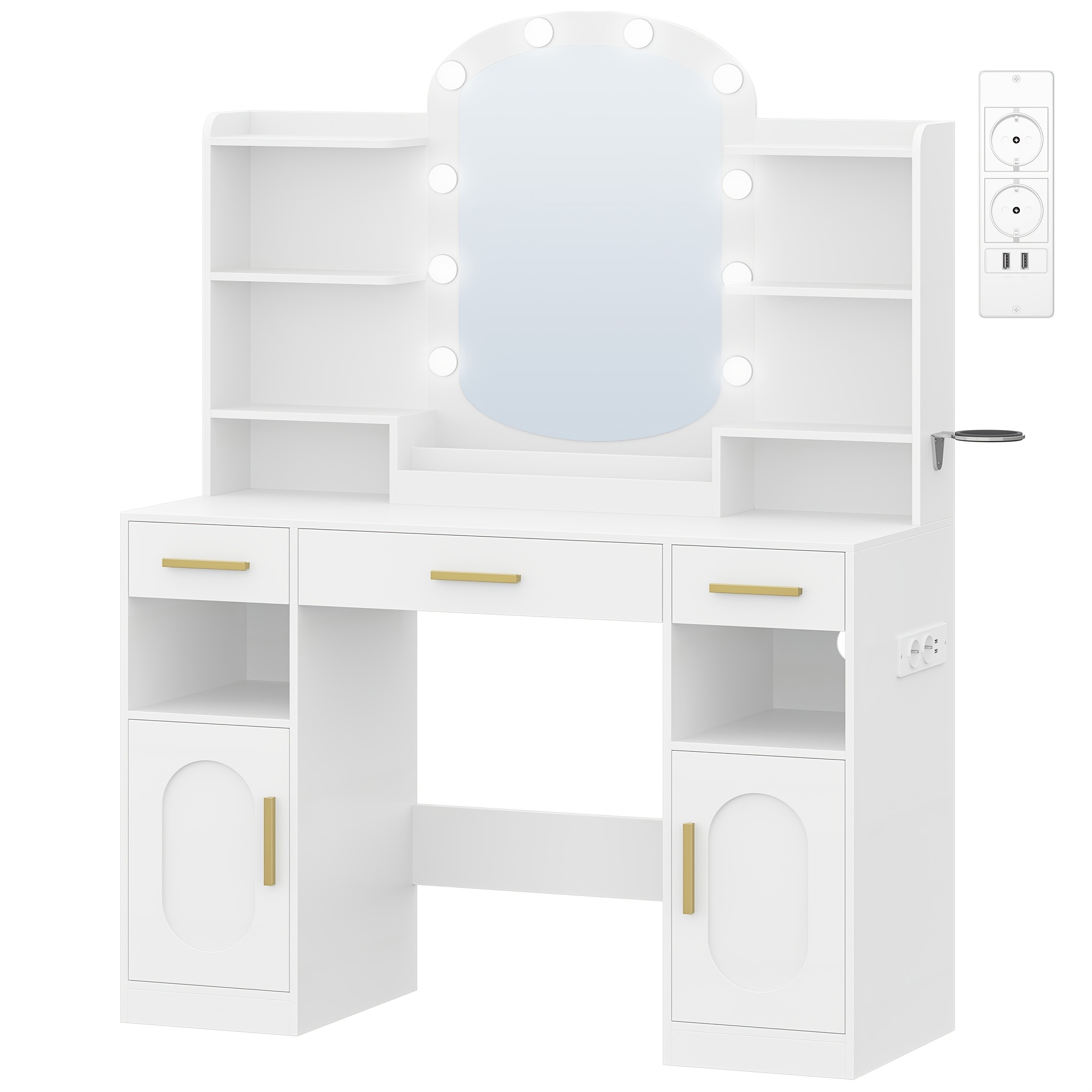 Dressing Table With Oval Mirror, Hairdryer Holder, Dressing Table With 3 Drawers, 2 Storage Cabinets And Open Compartments, White