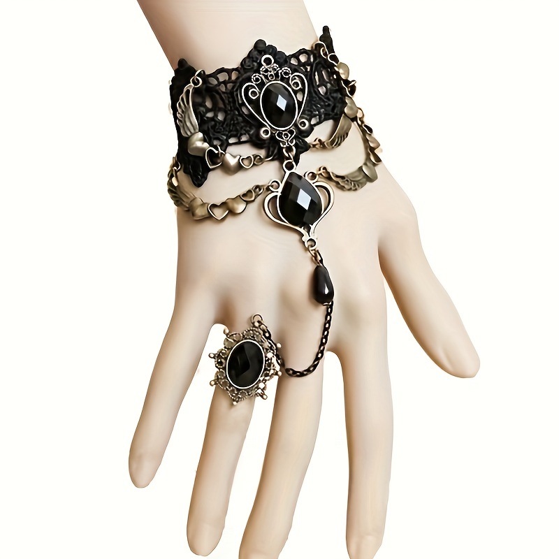 

Elegant Black Lace Wristband Bracelet With Vintage Charm And Ring Set - No Plating Sexy Gothic Jewelry For Daily Occasions, Fits All Seasons