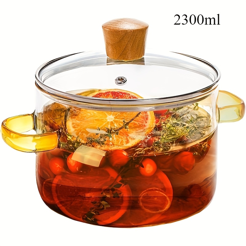 TEMU 1pc 1500/2300ml Double-eared With Lid, Heat-resistant Borosilicate Slow Cooker, Suitable For Soup, Sauce, Pasta, Milk, Durable And Transparent