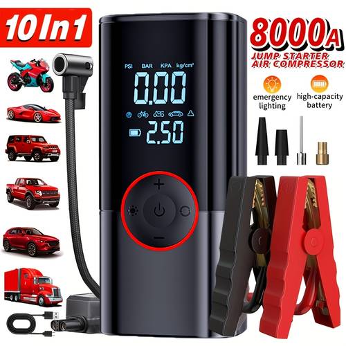 10 in 1 charger 180 psi air inflator digital tire air compressor 8000a car emergency jump starter 12v booster cables and connecting wires 3 mode led flashlight sos function adapters sturdy and durable