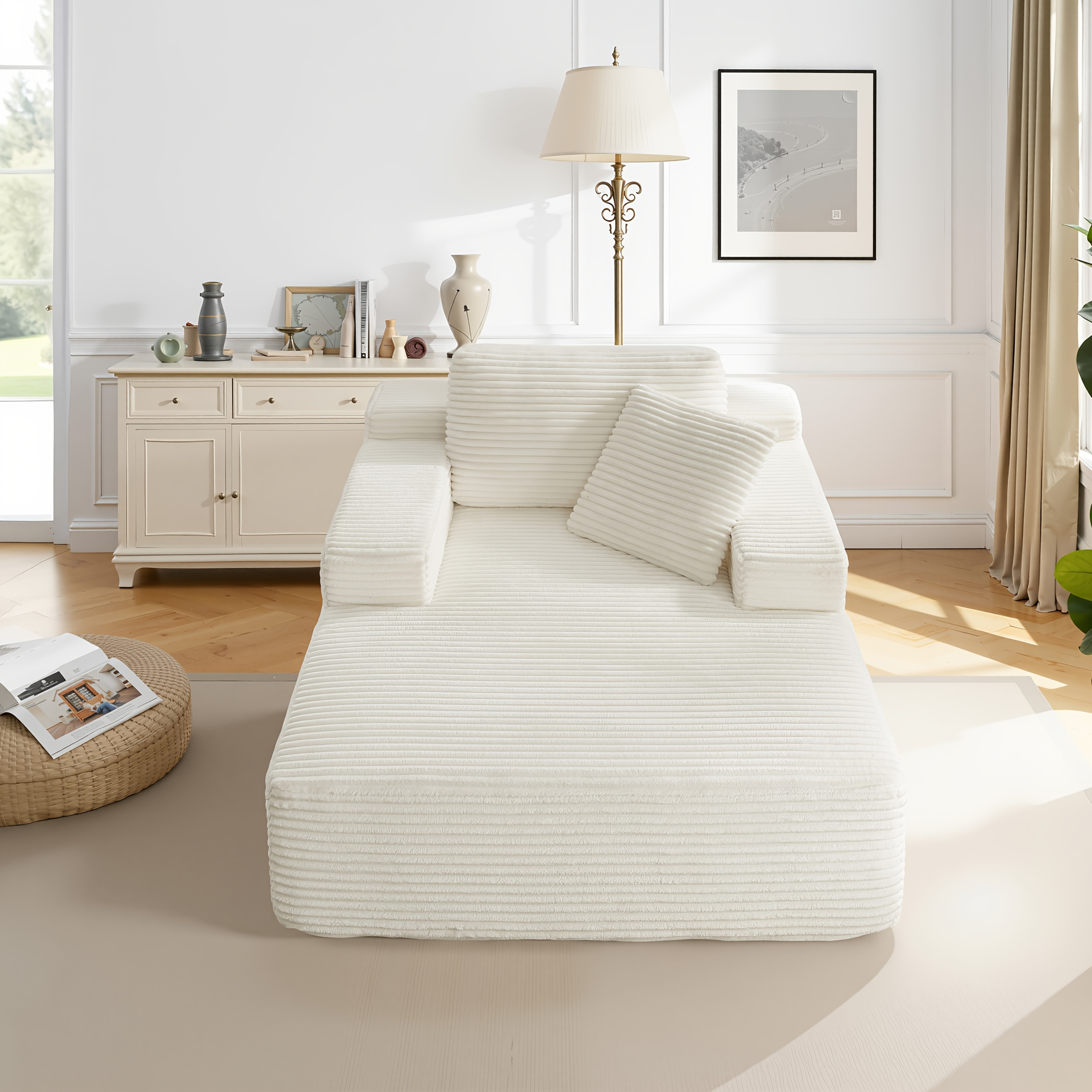 51-inch Oversized Boneless Lounge Chaise Recliner - Corduroy Sofa with Pillows and Armrests | Deep-Seat with High-Density Foam Cushion | U-Shaped Folding Sofa Bed for Living Room, Apartment, Bedroom | No Assembly Required | Available in Beige