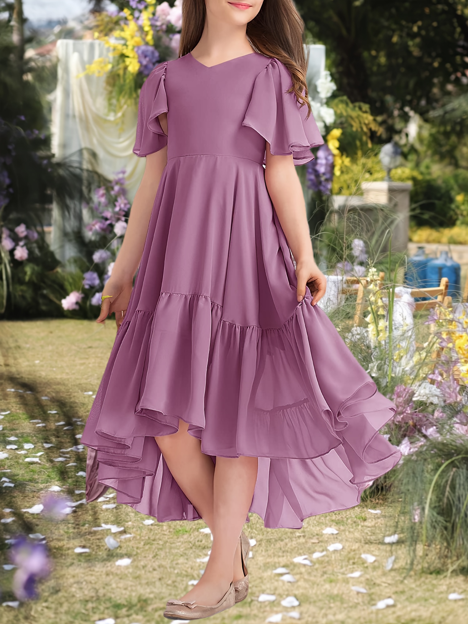girls junior bridesmaid dress v neck ruffle short sleeve high low formal maxi dress a line flowy party outfit for girls 4 14y Product details 2