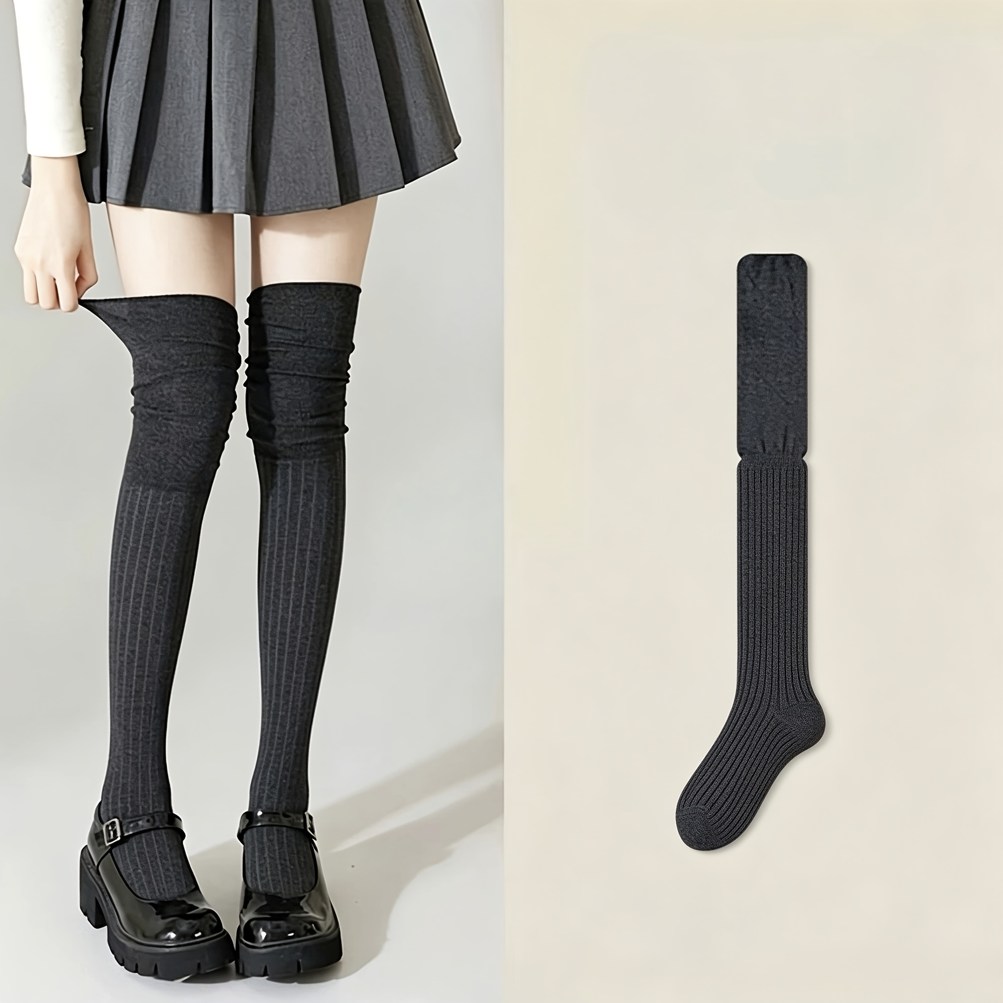 TEMU [cozy Over-the-knee Socks] Available In 5 Colors Women's Cozy Over-the-knee Socks - Striped And Solid Color, Ribbed Texture, Autumn/winter Long