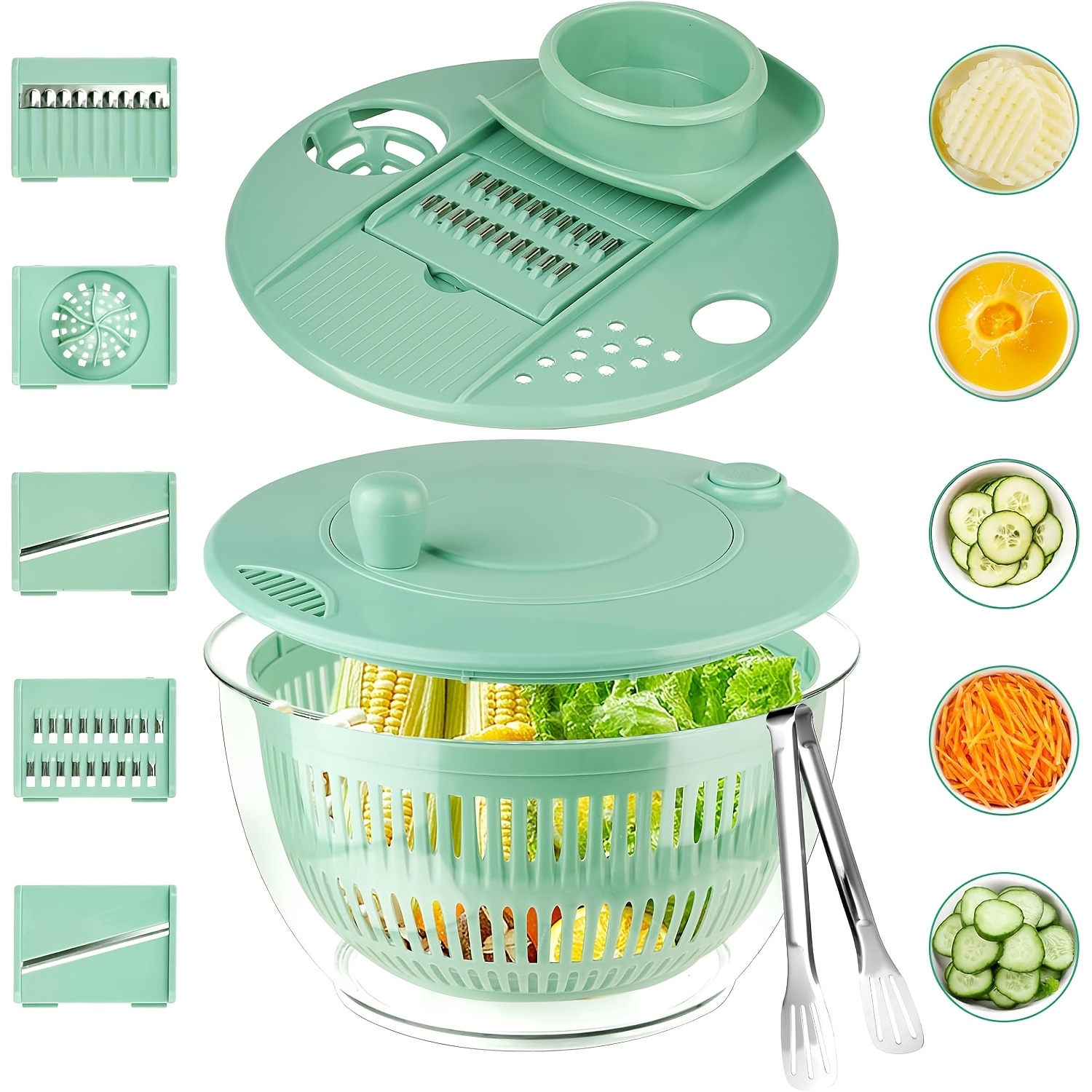 TEMU Large Salad Spinner, A Versatile 3-in-1 Bowl For Washing Vegetables And Fruits, Featuring A Lettuce Spinner With A 5-blade Slicer And An Egg Yolk Strainer, Perfect For Quick Salad Preparation