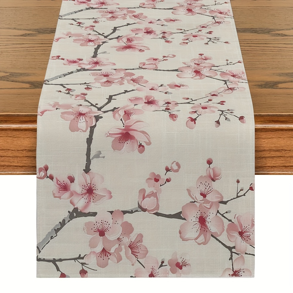 

1pc, Table Runner, Spring Floral Table Runner, Pink Cherry Blossoms Printed Table Runner, Polyester Decorative Table Runner, Dining Room Decor