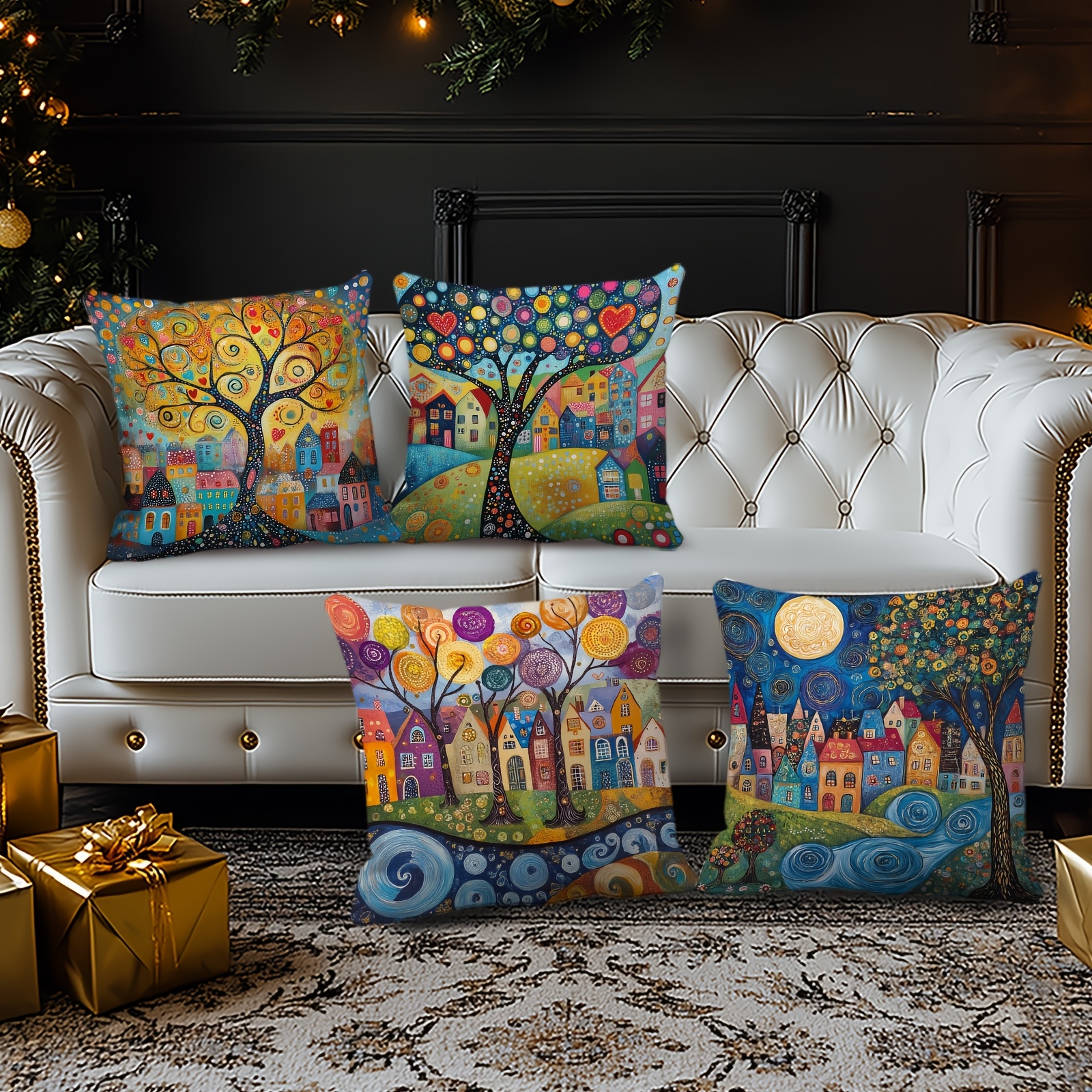 Image of 4pcs Set Painting Doodle Rustic Vintage Pillowcases, Suitable For Daily Decoration, Holidays, Parties, Home, Room, Bedroom, Living Room, Car, Sofa Decor, Pillow Inserts Not Included